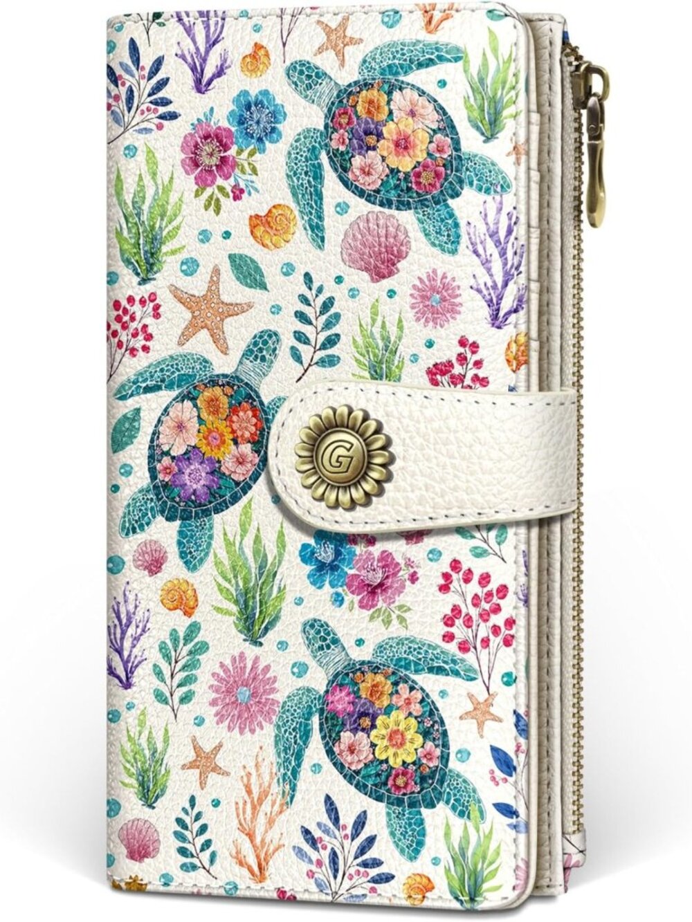 Cute Sea Turtle Wallet for Women, RFID Blocking Bifold, 11 Card Slots, Zipper